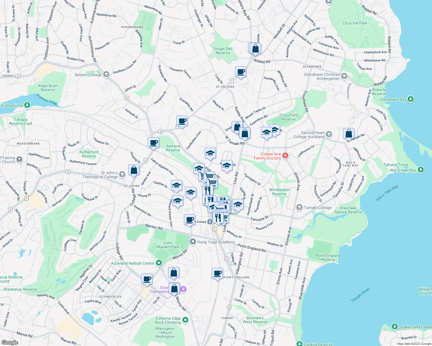 map of restaurants, bars, coffee shops, grocery stores, and more near 30 Eastview Rd in Auckland