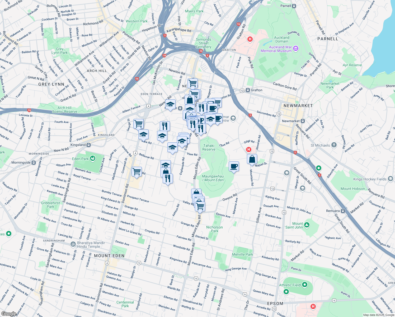 map of restaurants, bars, coffee shops, grocery stores, and more near 277 Mount Eden Road in Auckland