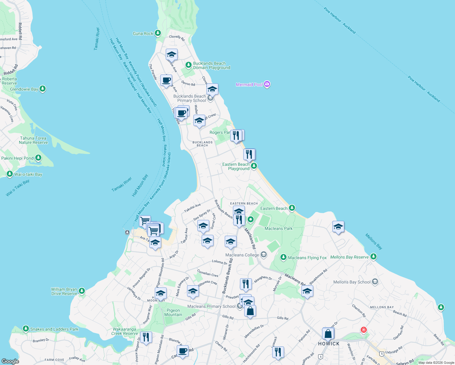 map of restaurants, bars, coffee shops, grocery stores, and more near 11 Malloy Place in Auckland
