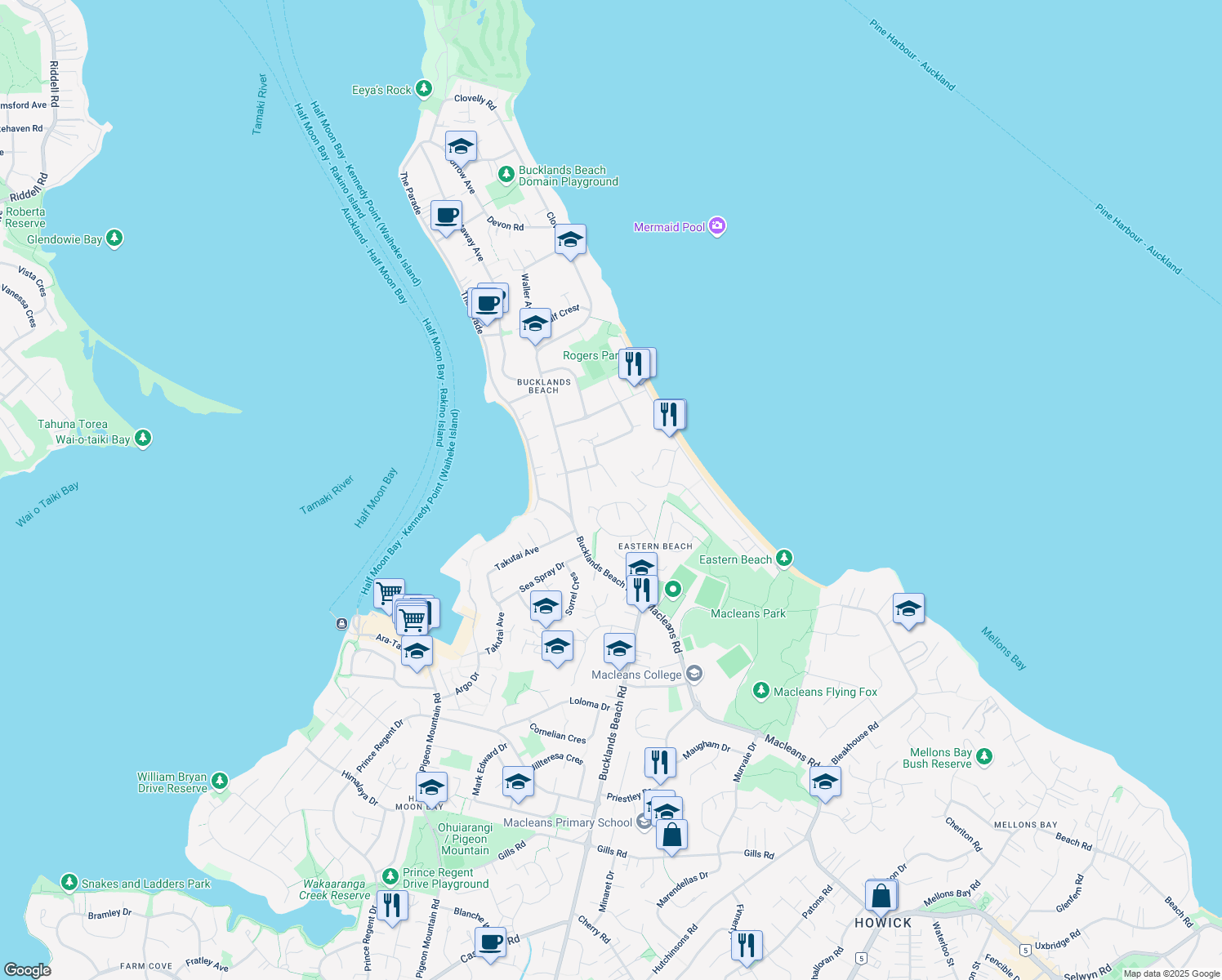 map of restaurants, bars, coffee shops, grocery stores, and more near 11 Malloy Place in Auckland