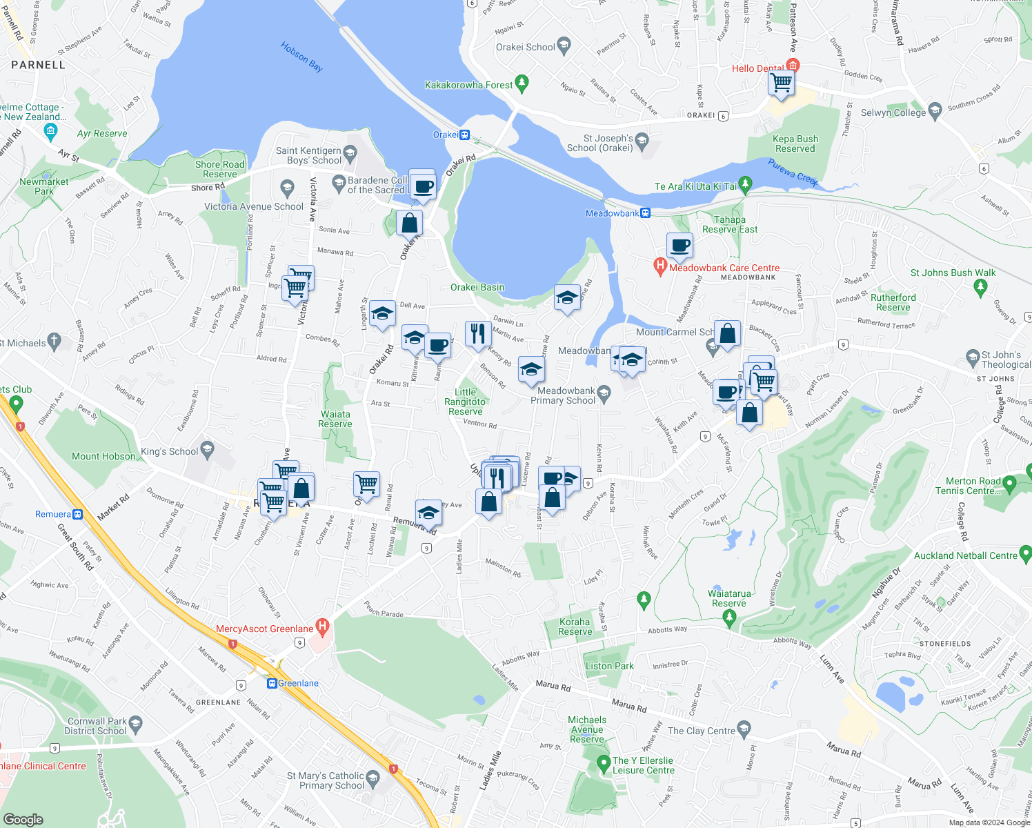 map of restaurants, bars, coffee shops, grocery stores, and more near 4 Loreto Heights in Auckland