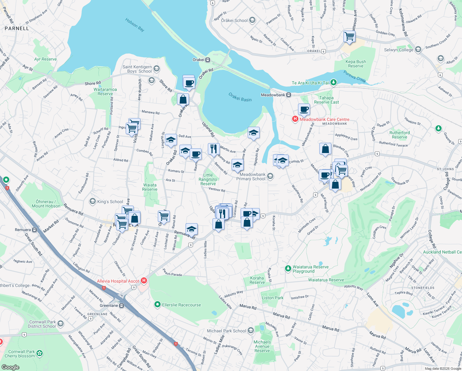 map of restaurants, bars, coffee shops, grocery stores, and more near 4 Loreto Heights in Auckland