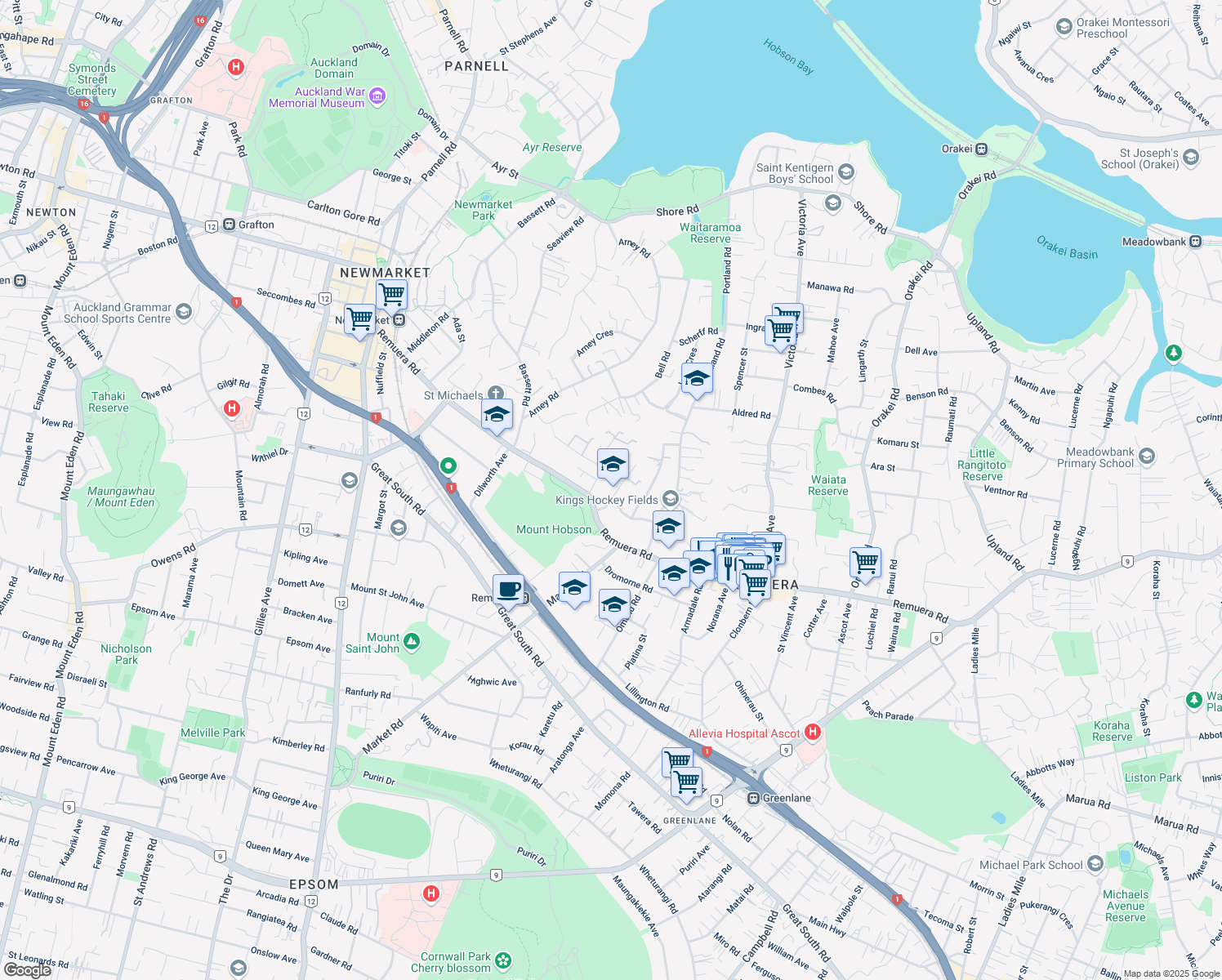 map of restaurants, bars, coffee shops, grocery stores, and more near 8 Westbourne Road in Auckland