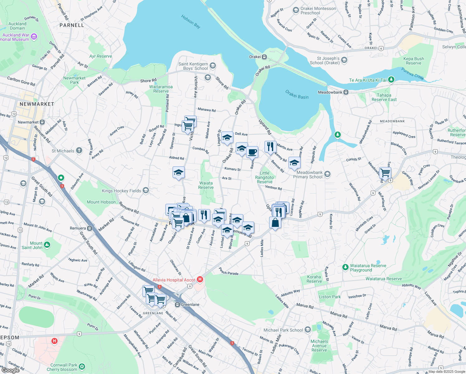 map of restaurants, bars, coffee shops, grocery stores, and more near 10 Rangitoto Avenue in Auckland