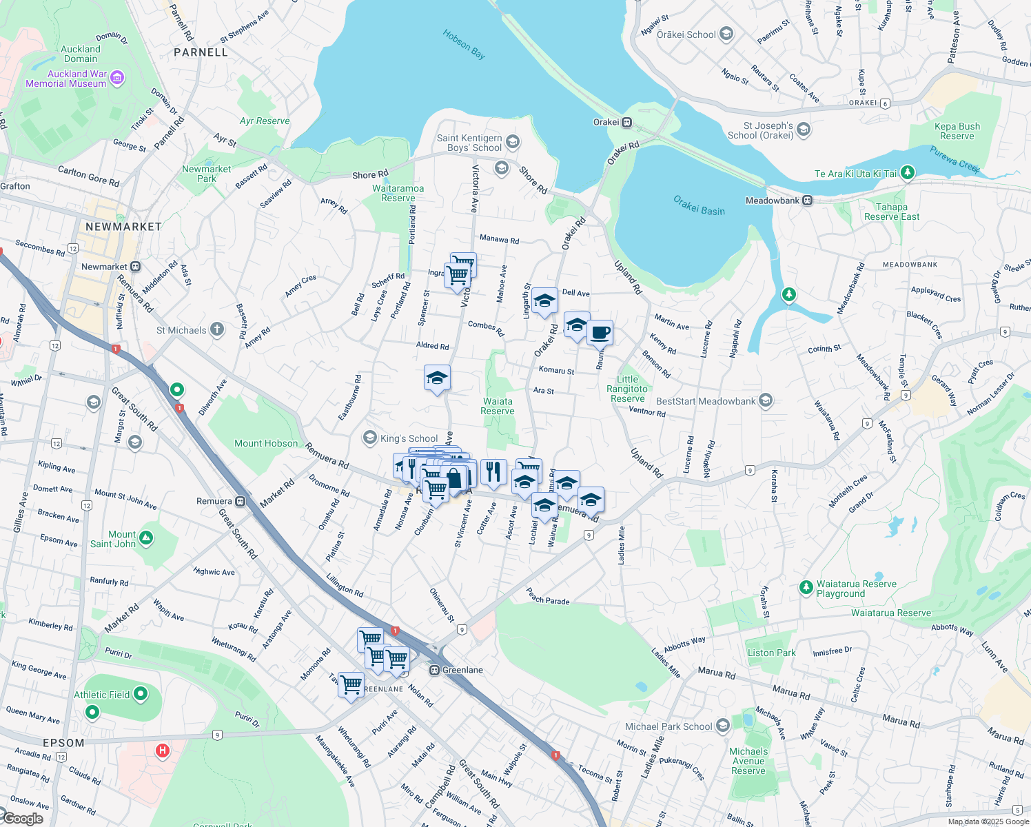 map of restaurants, bars, coffee shops, grocery stores, and more near 58 Orakei Road in Auckland