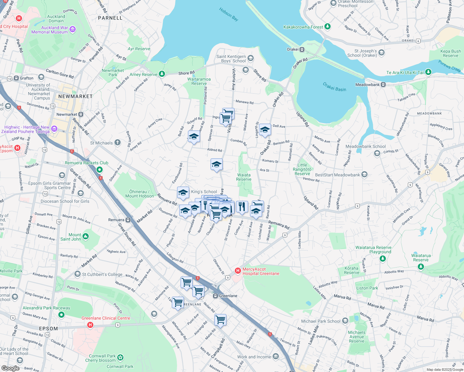 map of restaurants, bars, coffee shops, grocery stores, and more near Waiata Avenue in Auckland