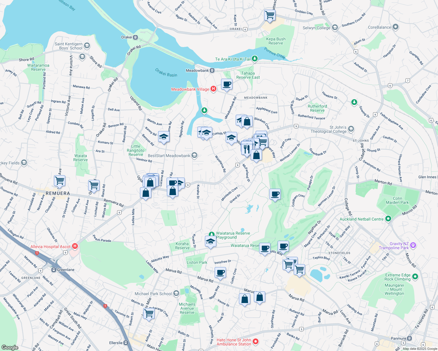 map of restaurants, bars, coffee shops, grocery stores, and more near 744 Remuera Road in Auckland