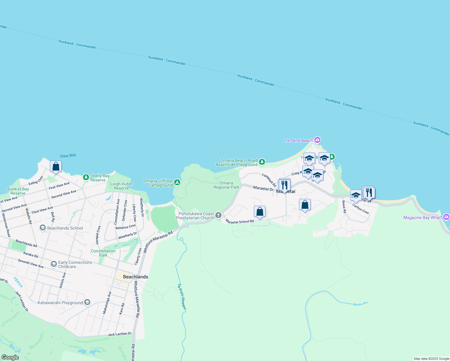 map of restaurants, bars, coffee shops, grocery stores, and more near Omana Beach Road in Auckland