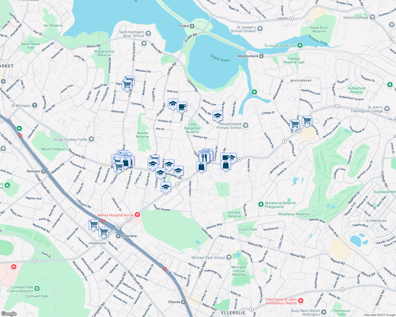 map of restaurants, bars, coffee shops, grocery stores, and more near 12 Upland Road in Auckland