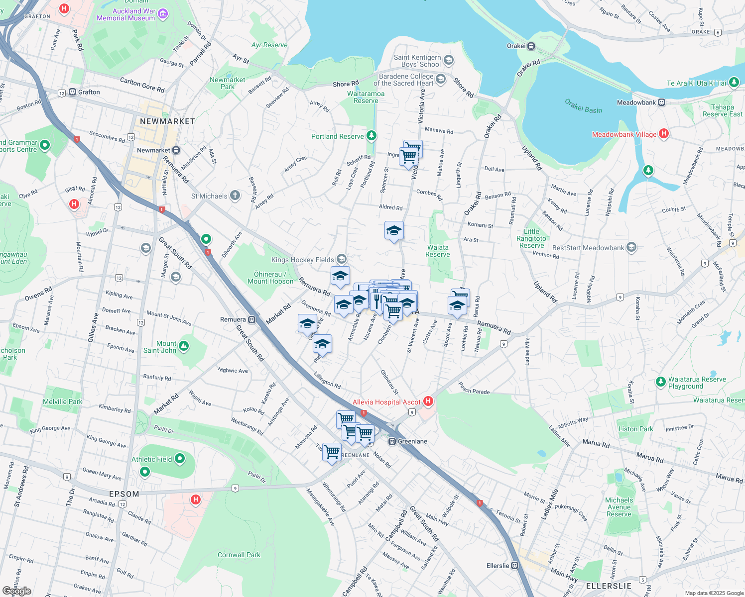 map of restaurants, bars, coffee shops, grocery stores, and more near 312 Remuera Road in Auckland