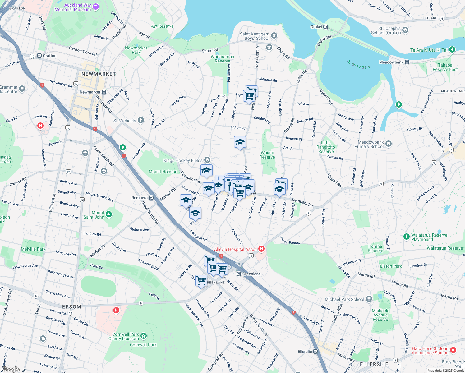 map of restaurants, bars, coffee shops, grocery stores, and more near 3 Garden Road in Auckland