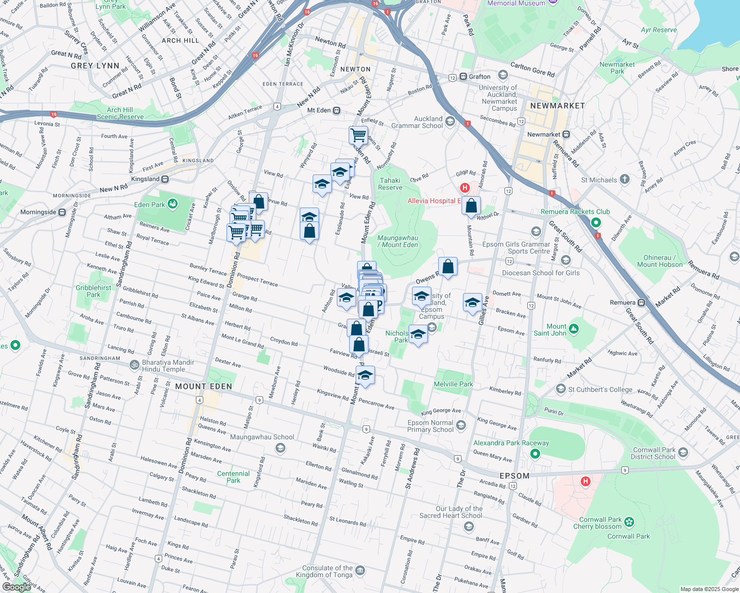 map of restaurants, bars, coffee shops, grocery stores, and more near 410A Mount Eden Road in Auckland
