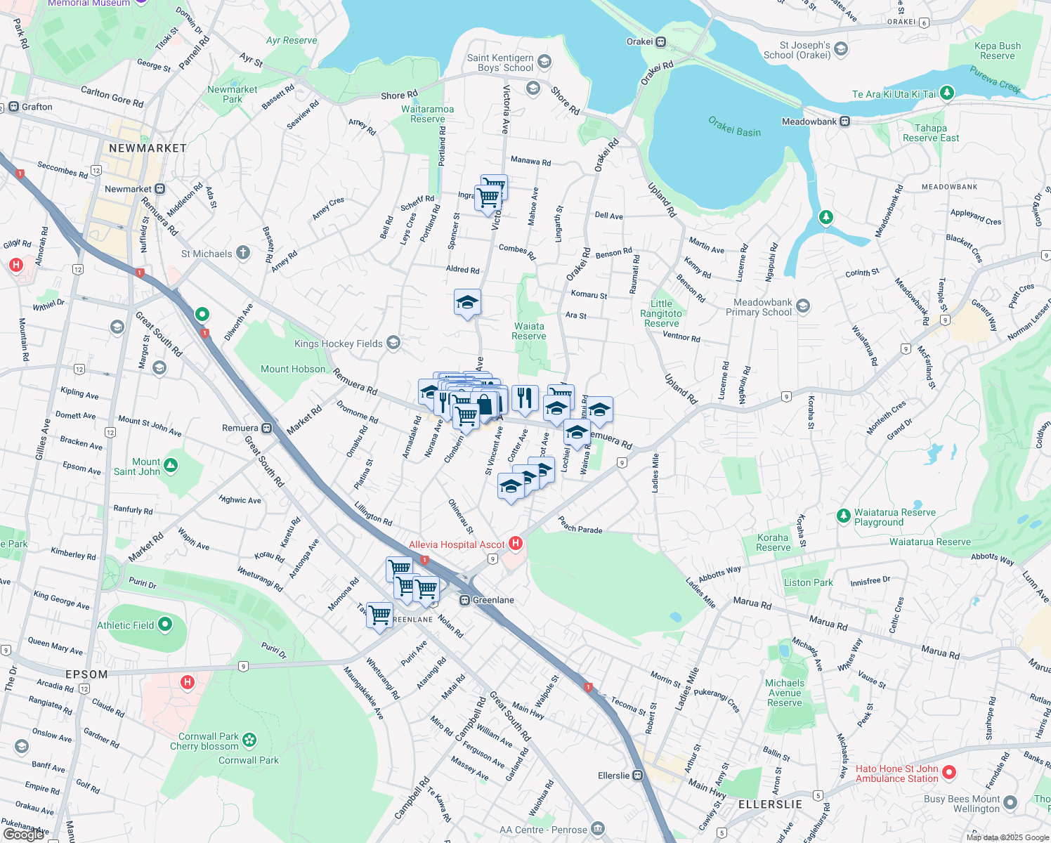 map of restaurants, bars, coffee shops, grocery stores, and more near Remuera Road in Auckland