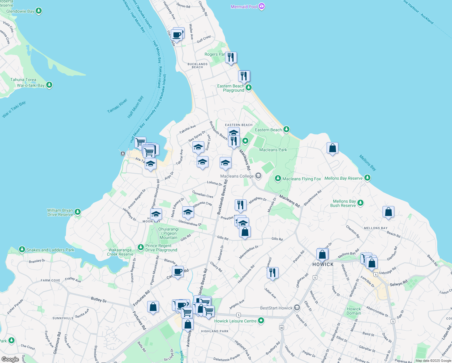 map of restaurants, bars, coffee shops, grocery stores, and more near Bucklands Beach Road in Auckland