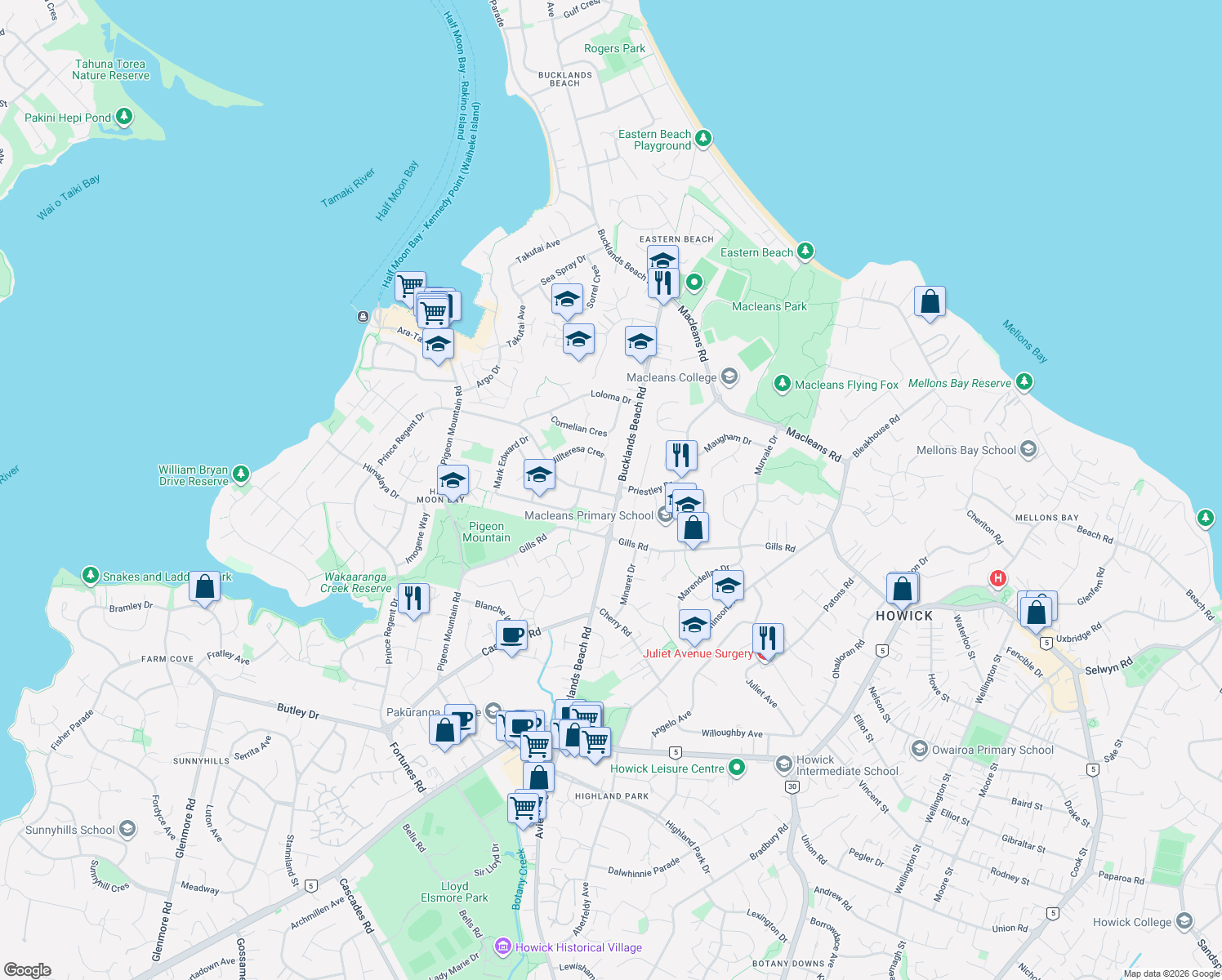 map of restaurants, bars, coffee shops, grocery stores, and more near 80 Sunderlands Road in Auckland