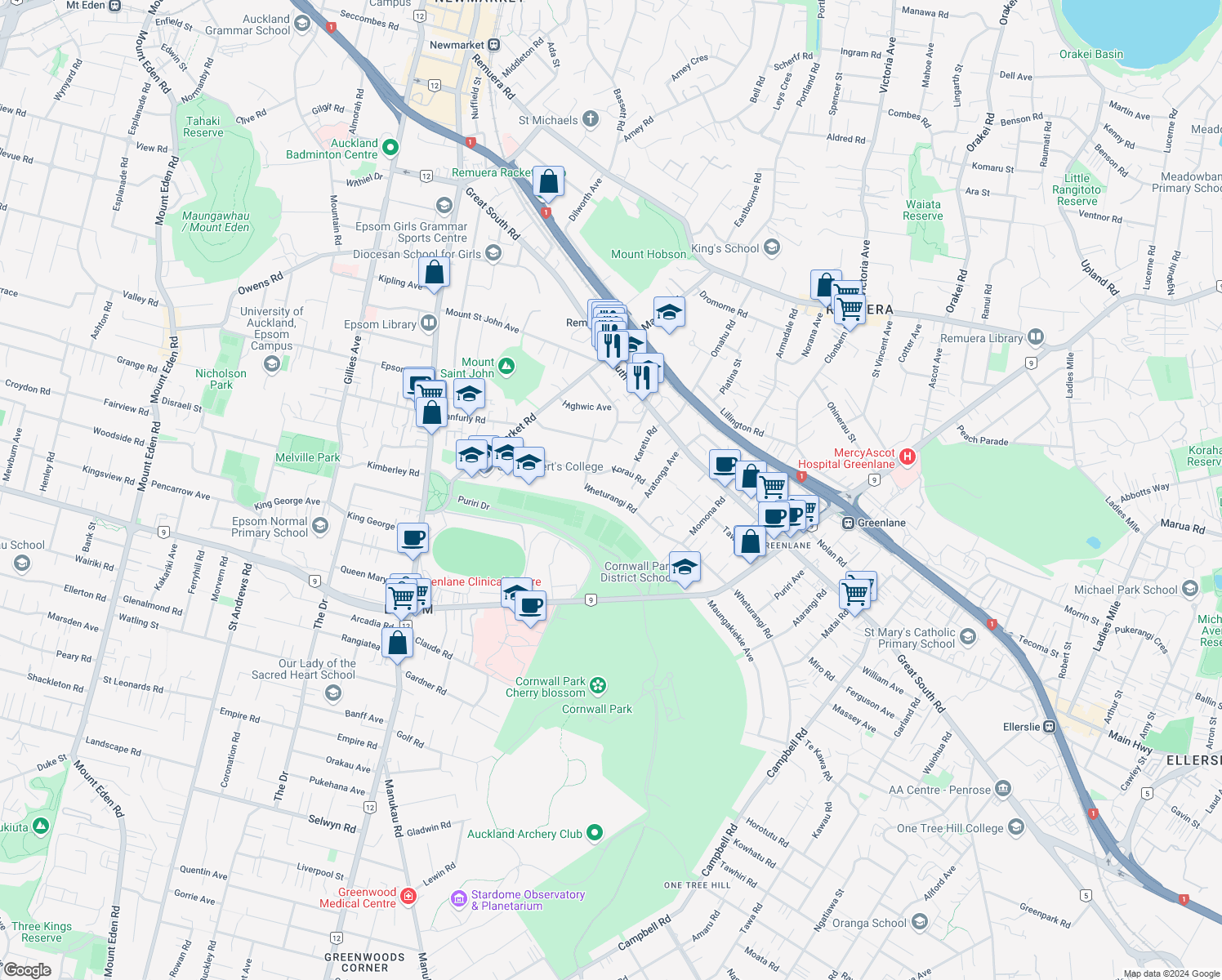 map of restaurants, bars, coffee shops, grocery stores, and more near 119 Wheturangi Rd in Auckland