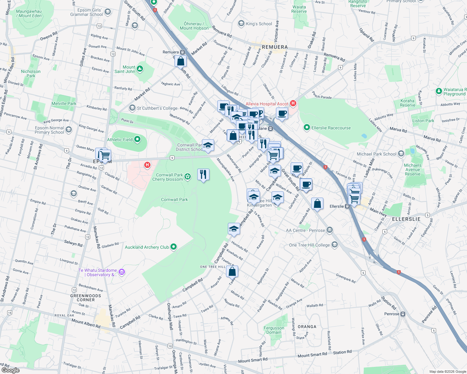 map of restaurants, bars, coffee shops, grocery stores, and more near 33 Maungakiekie Avenue in Auckland