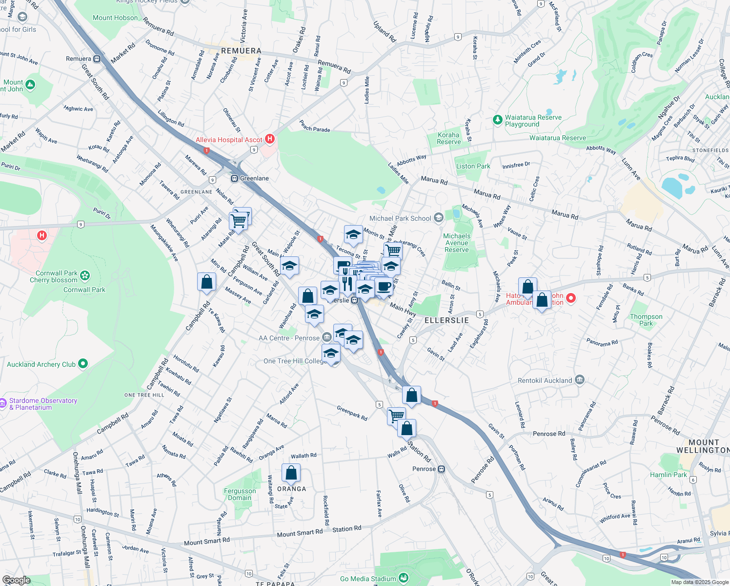 map of restaurants, bars, coffee shops, grocery stores, and more near in Auckland