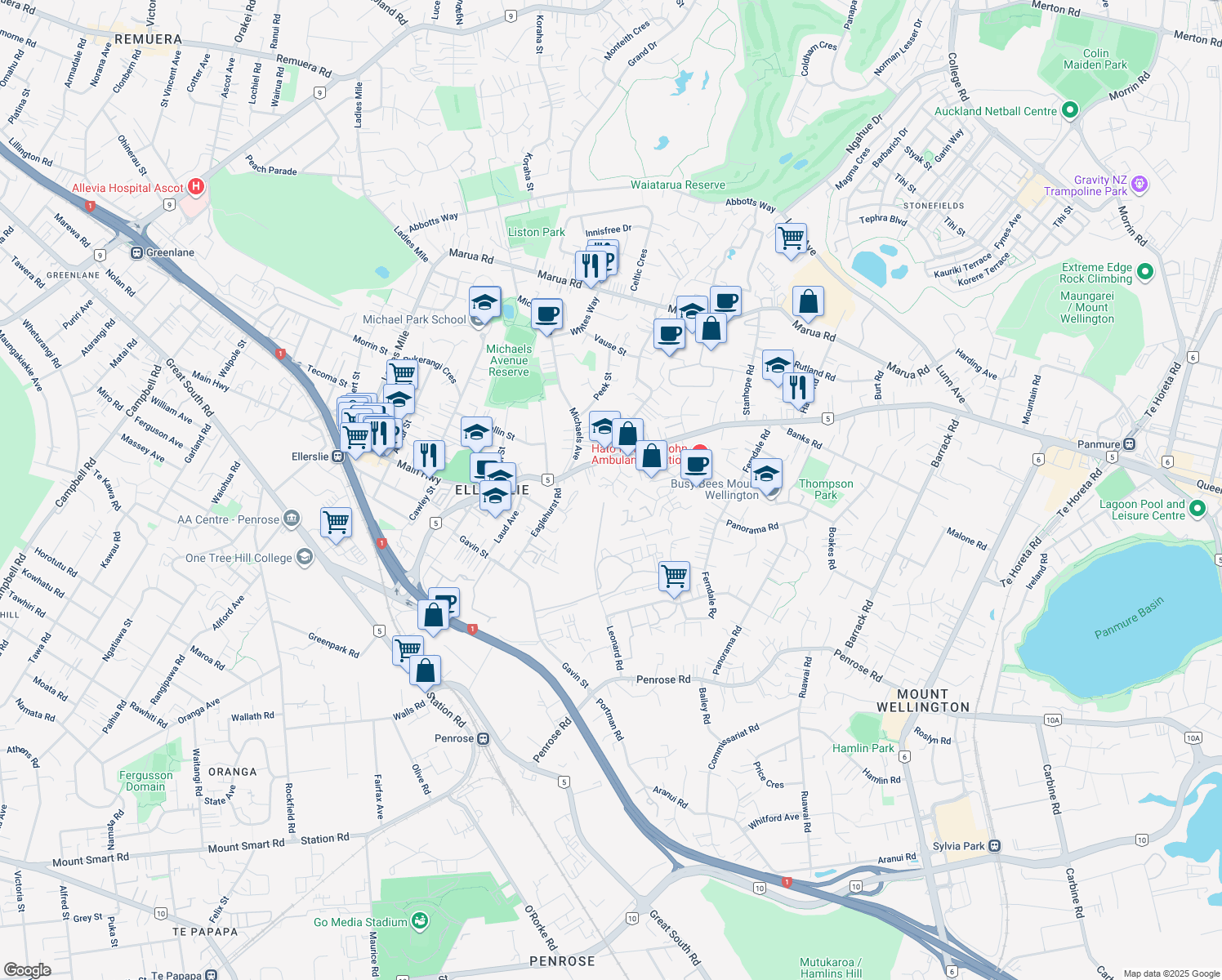 map of restaurants, bars, coffee shops, grocery stores, and more near 12 Alana Place in Auckland