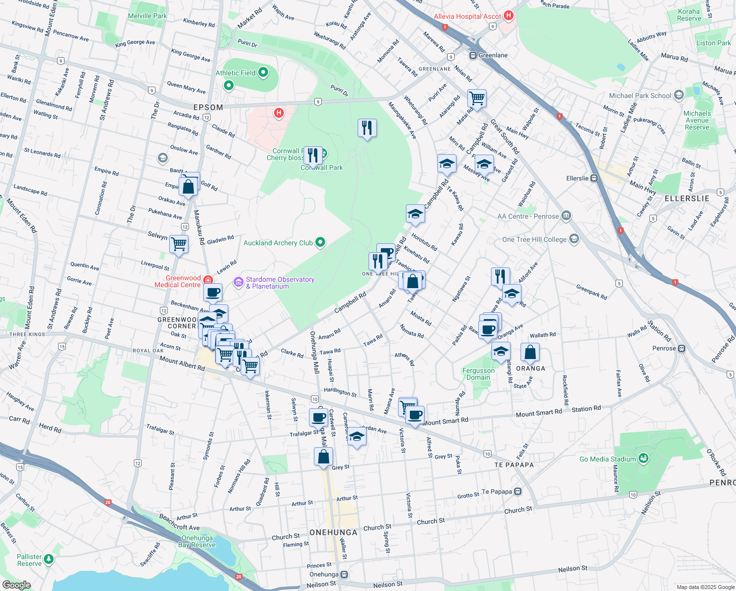 map of restaurants, bars, coffee shops, grocery stores, and more near 148 Moana Avenue in Auckland