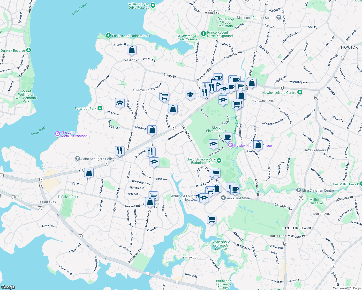 map of restaurants, bars, coffee shops, grocery stores, and more near 1 Tupaki Place in Auckland