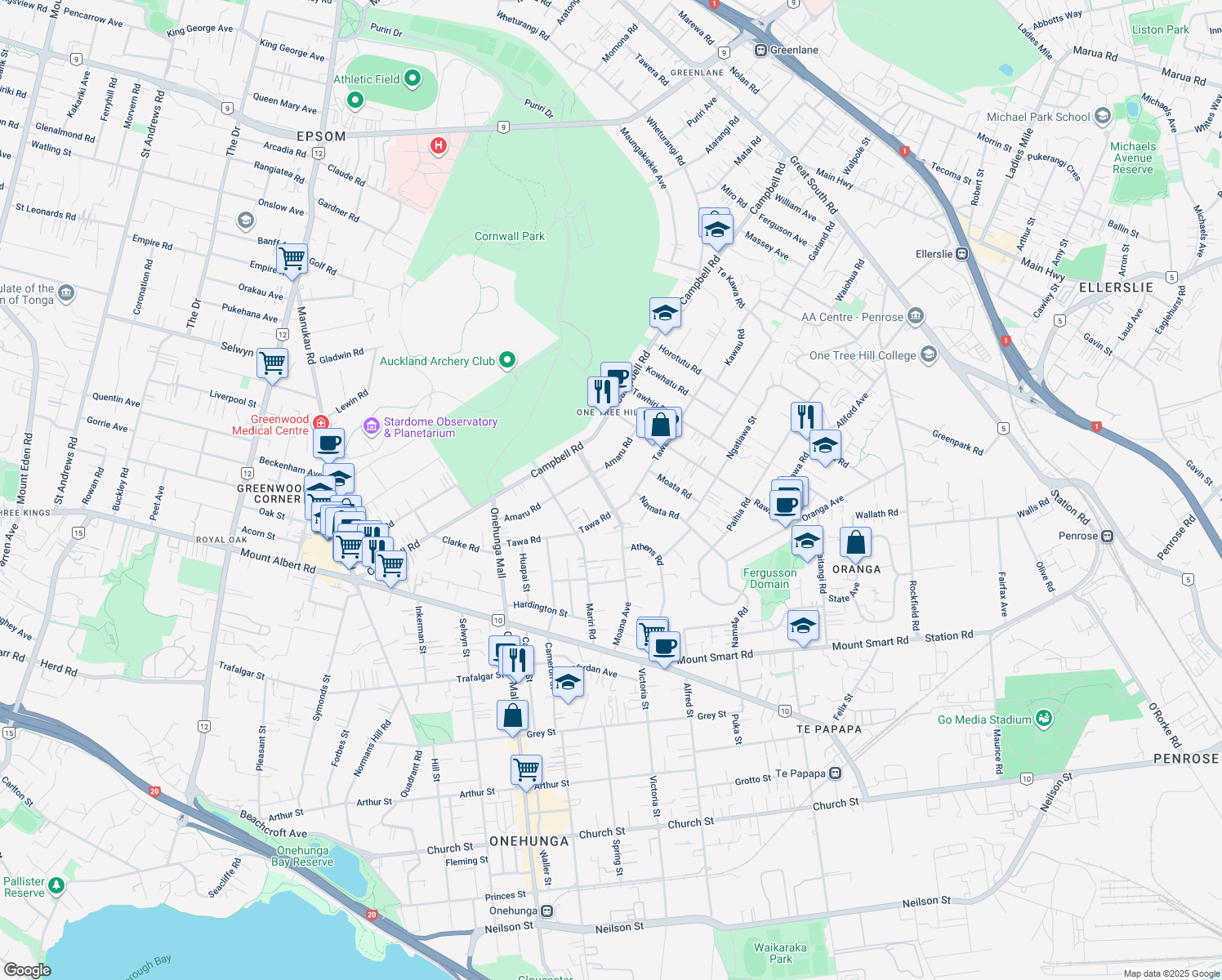 map of restaurants, bars, coffee shops, grocery stores, and more near 65 Moana Avenue in Auckland