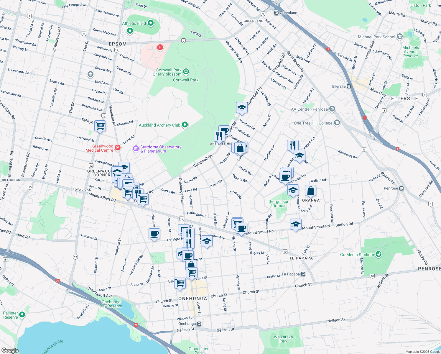 map of restaurants, bars, coffee shops, grocery stores, and more near 60 Moana Avenue in Auckland