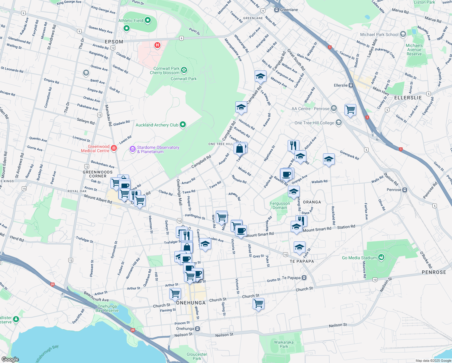 map of restaurants, bars, coffee shops, grocery stores, and more near 53 Moana Avenue in Auckland