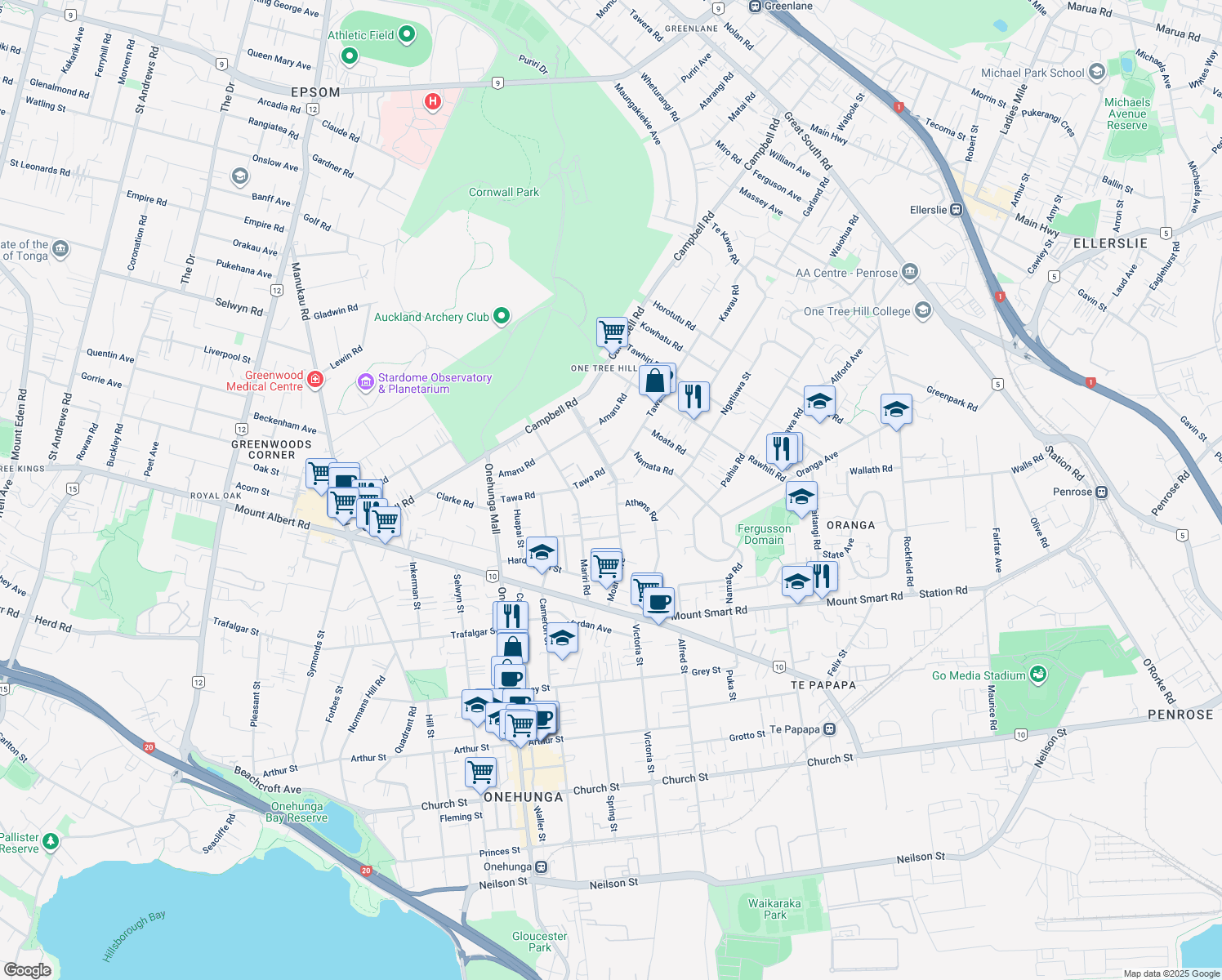 map of restaurants, bars, coffee shops, grocery stores, and more near 46 Moana Avenue in Auckland