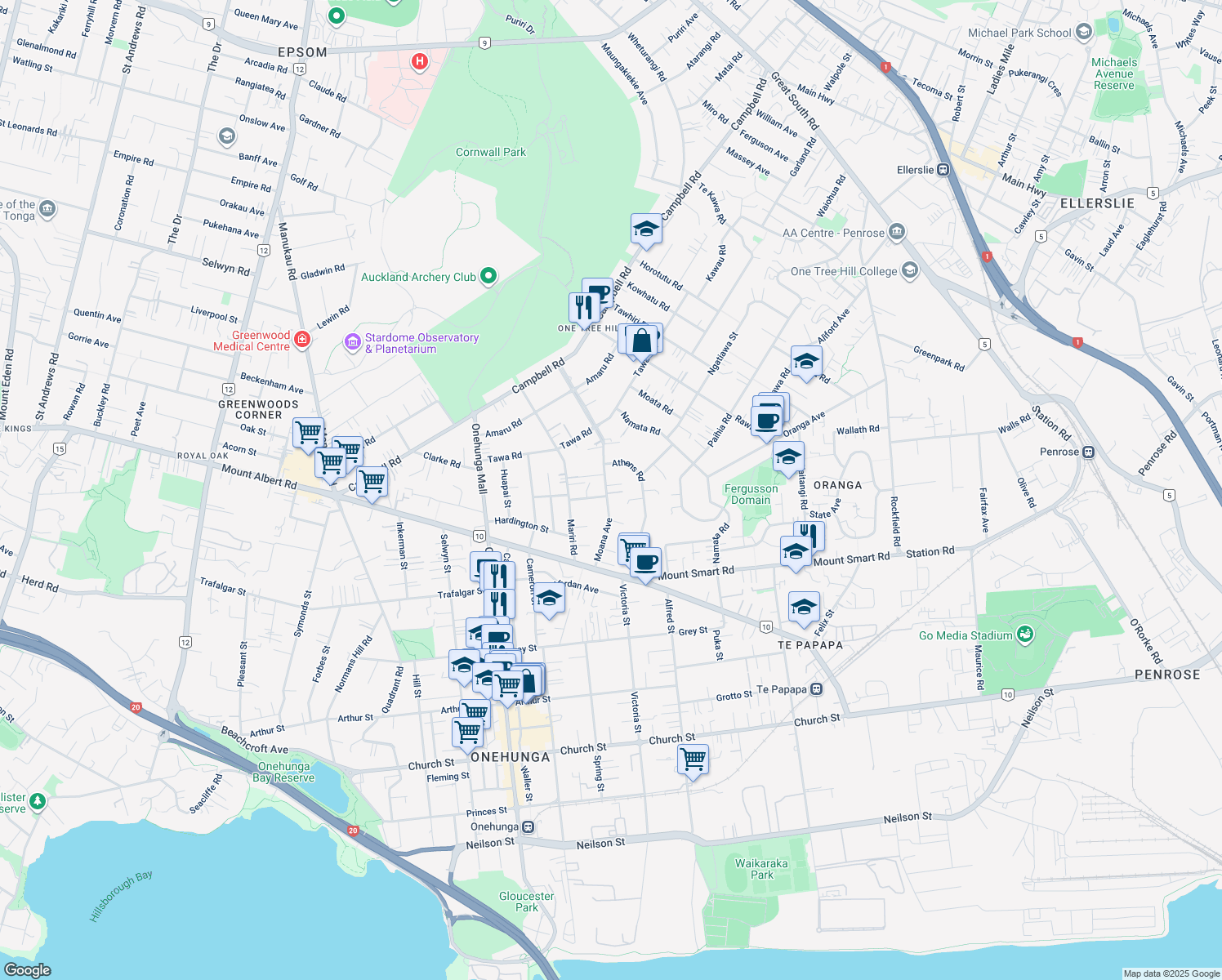 map of restaurants, bars, coffee shops, grocery stores, and more near 33 Moana Avenue in Auckland