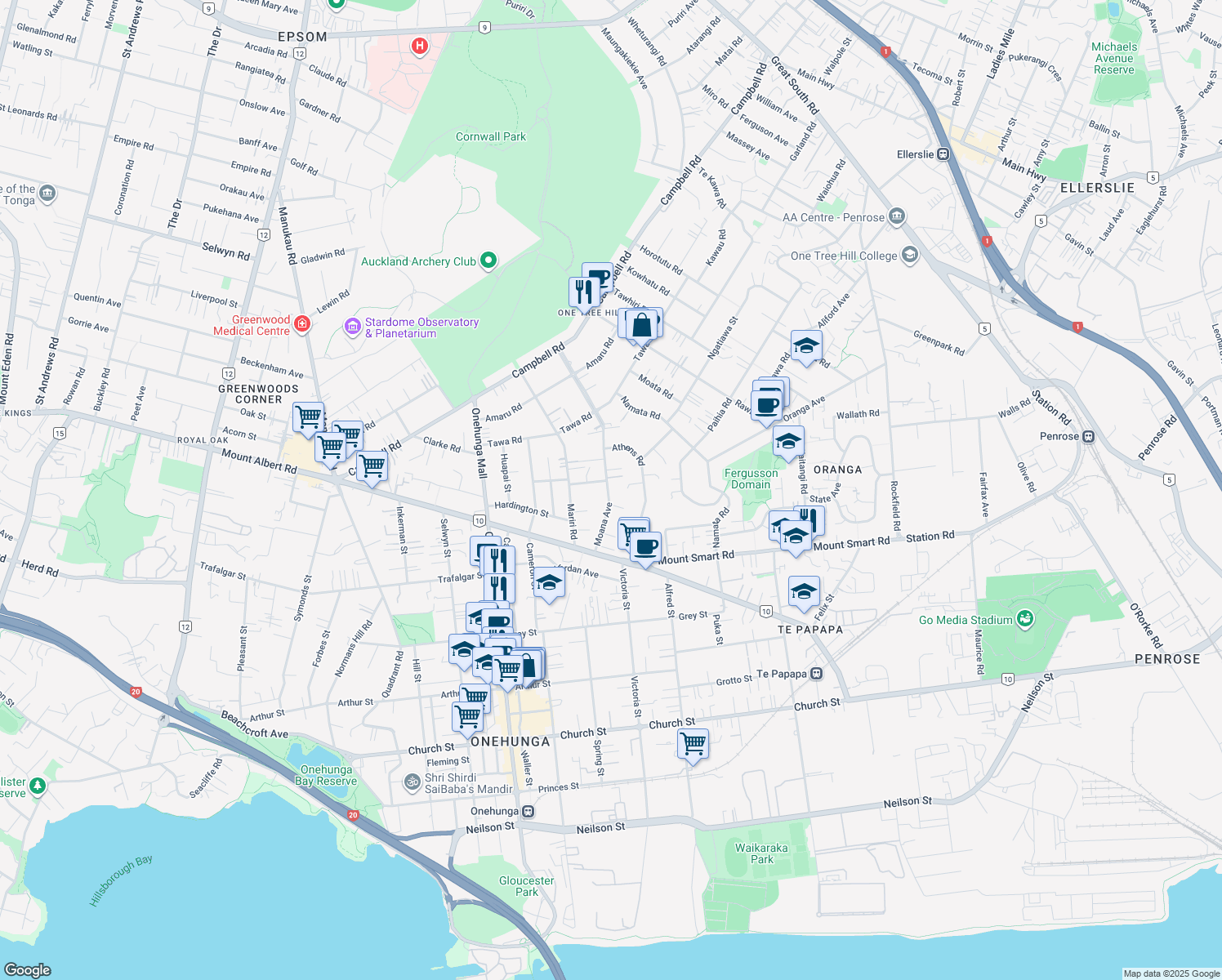 map of restaurants, bars, coffee shops, grocery stores, and more near 25 Moana Avenue in Auckland