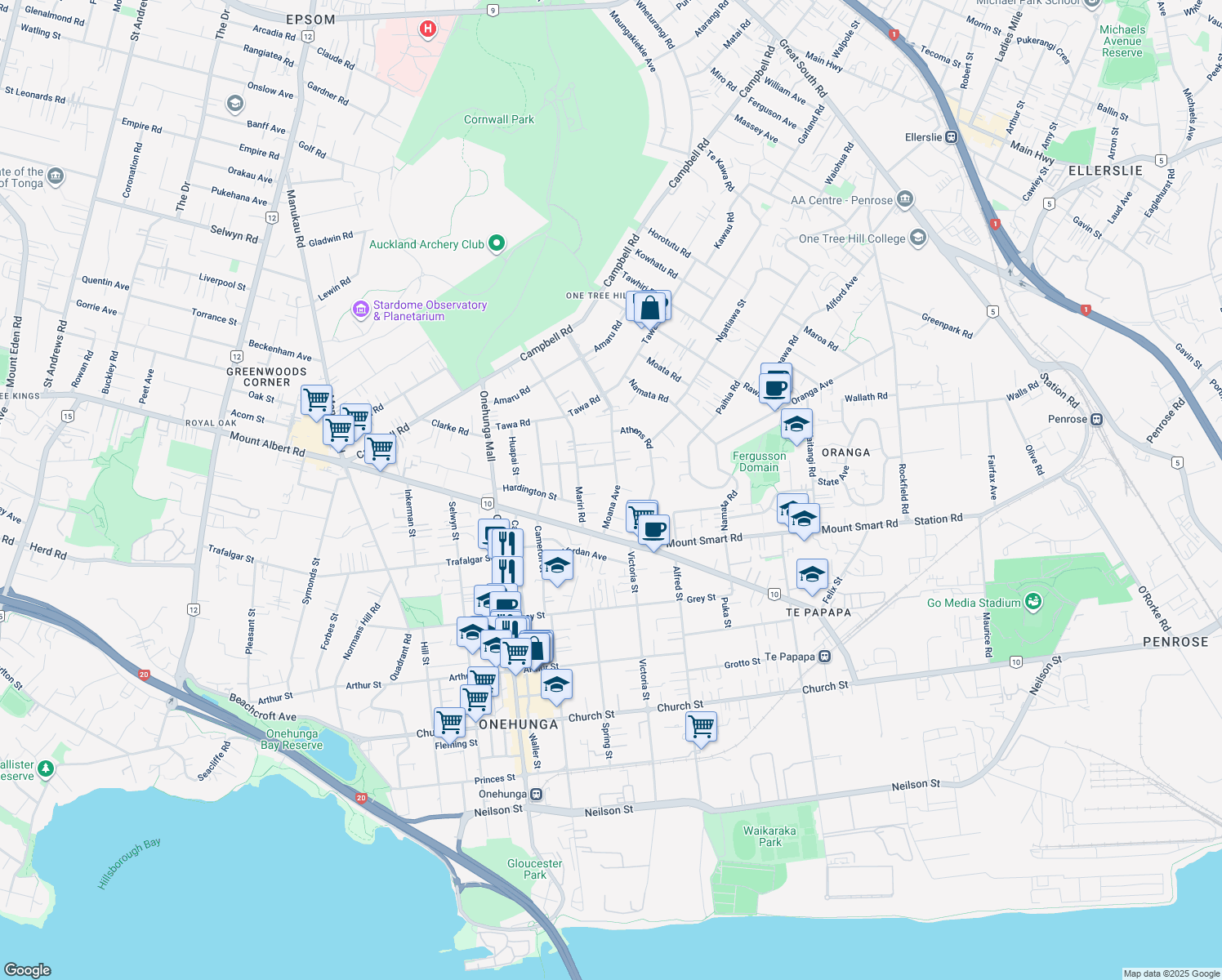 map of restaurants, bars, coffee shops, grocery stores, and more near 22 Moana Avenue in Auckland