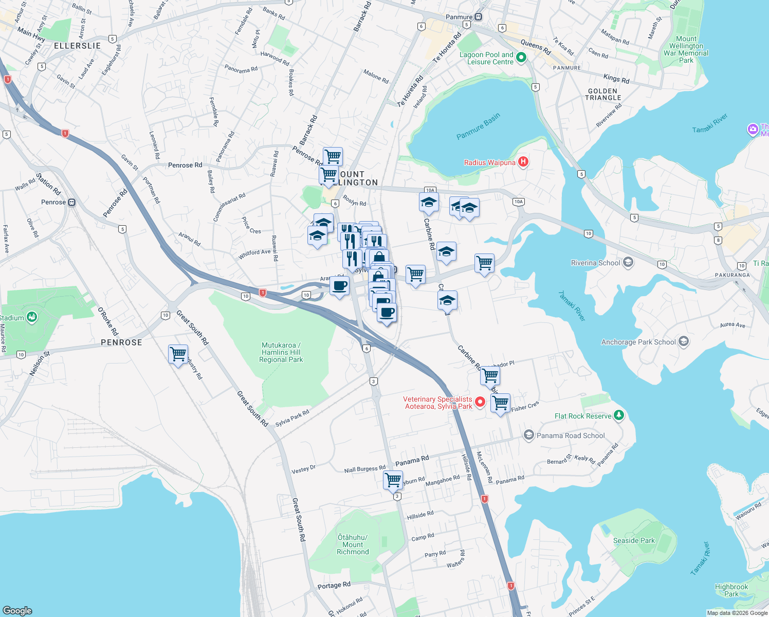 map of restaurants, bars, coffee shops, grocery stores, and more near 286 Mount Wellington Highway in Auckland