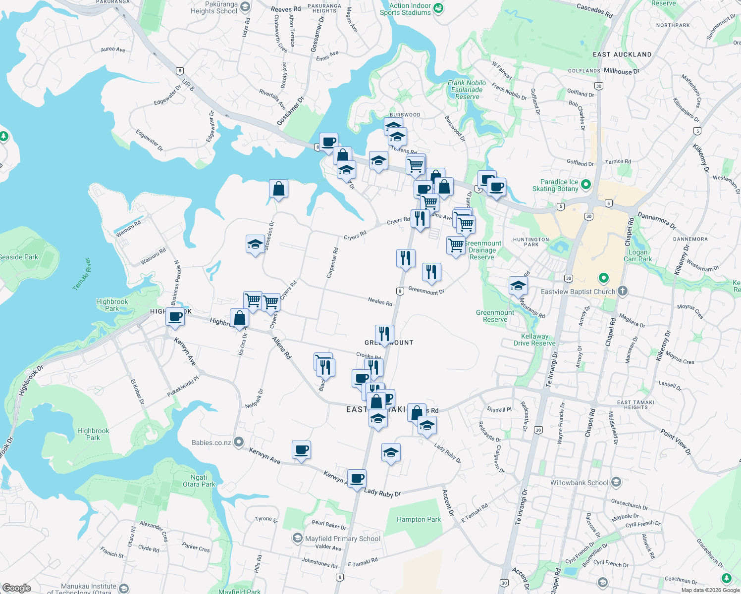 map of restaurants, bars, coffee shops, grocery stores, and more near 11b Neales Road in Auckland