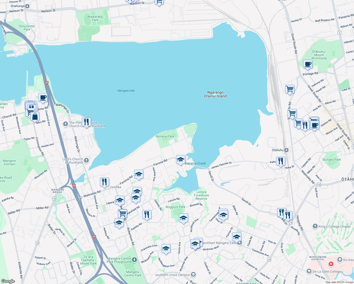 map of restaurants, bars, coffee shops, grocery stores, and more near Norana Avenue in Auckland