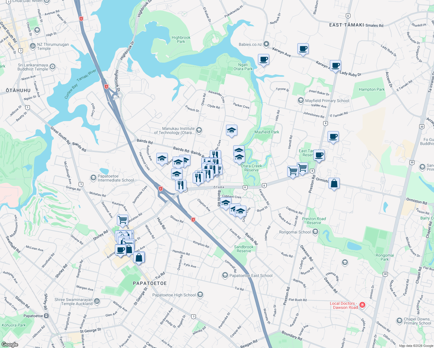 map of restaurants, bars, coffee shops, grocery stores, and more near 127 Bairds Road in Auckland