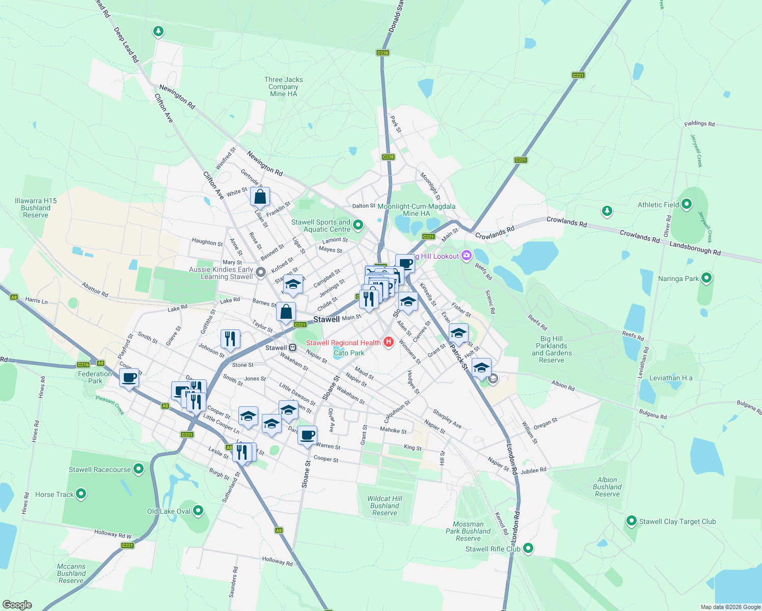 map of restaurants, bars, coffee shops, grocery stores, and more near 102 Main Street in Stawell