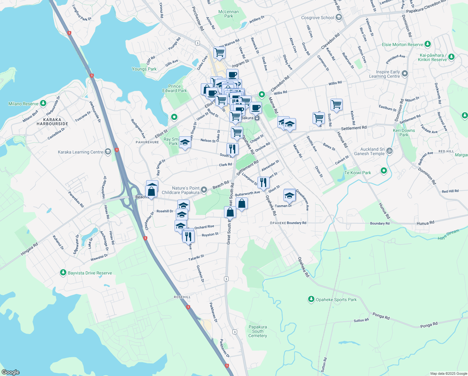 map of restaurants, bars, coffee shops, grocery stores, and more near 330 Great South Road in Papakura