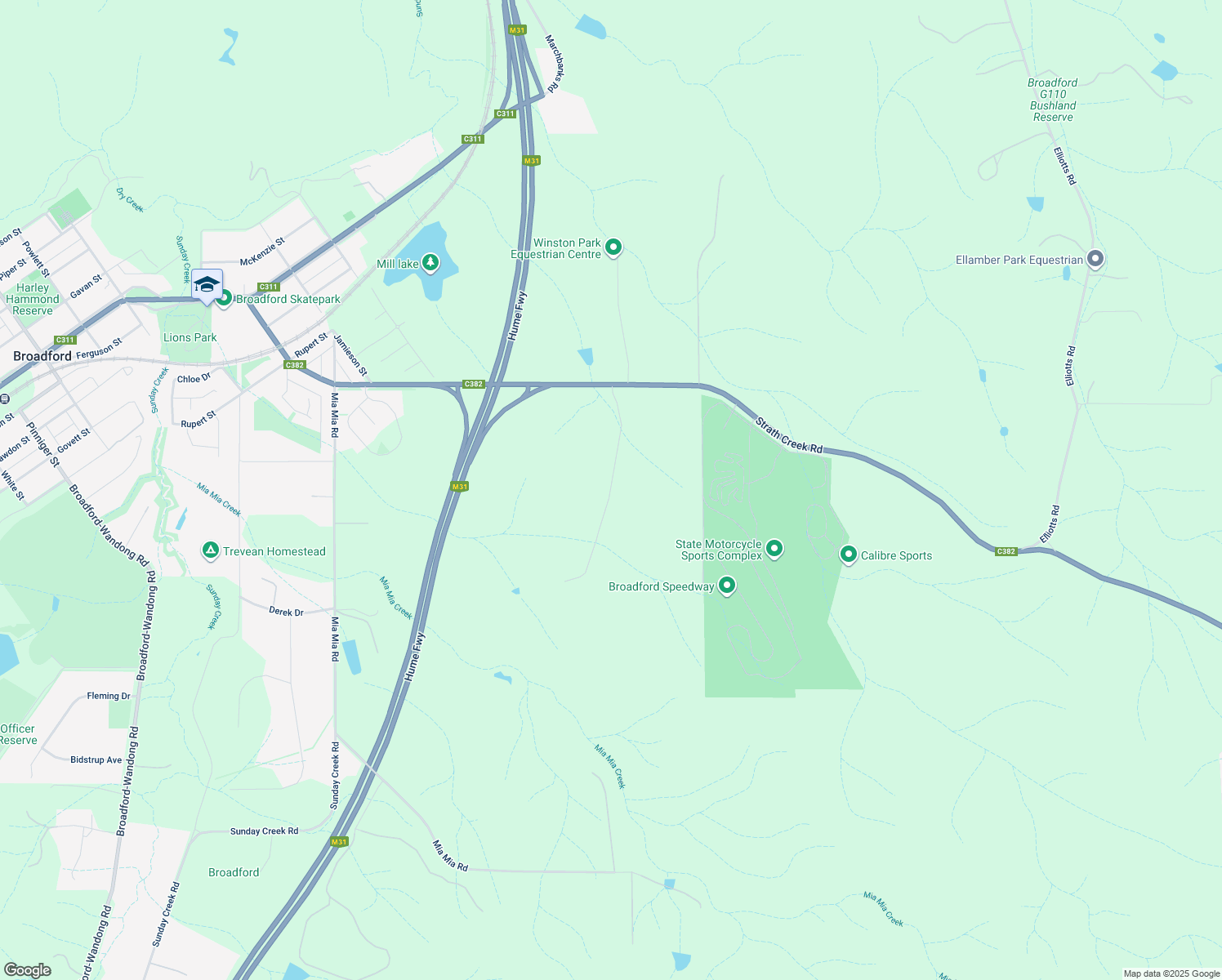 map of restaurants, bars, coffee shops, grocery stores, and more near Industrial Lane in Broadford