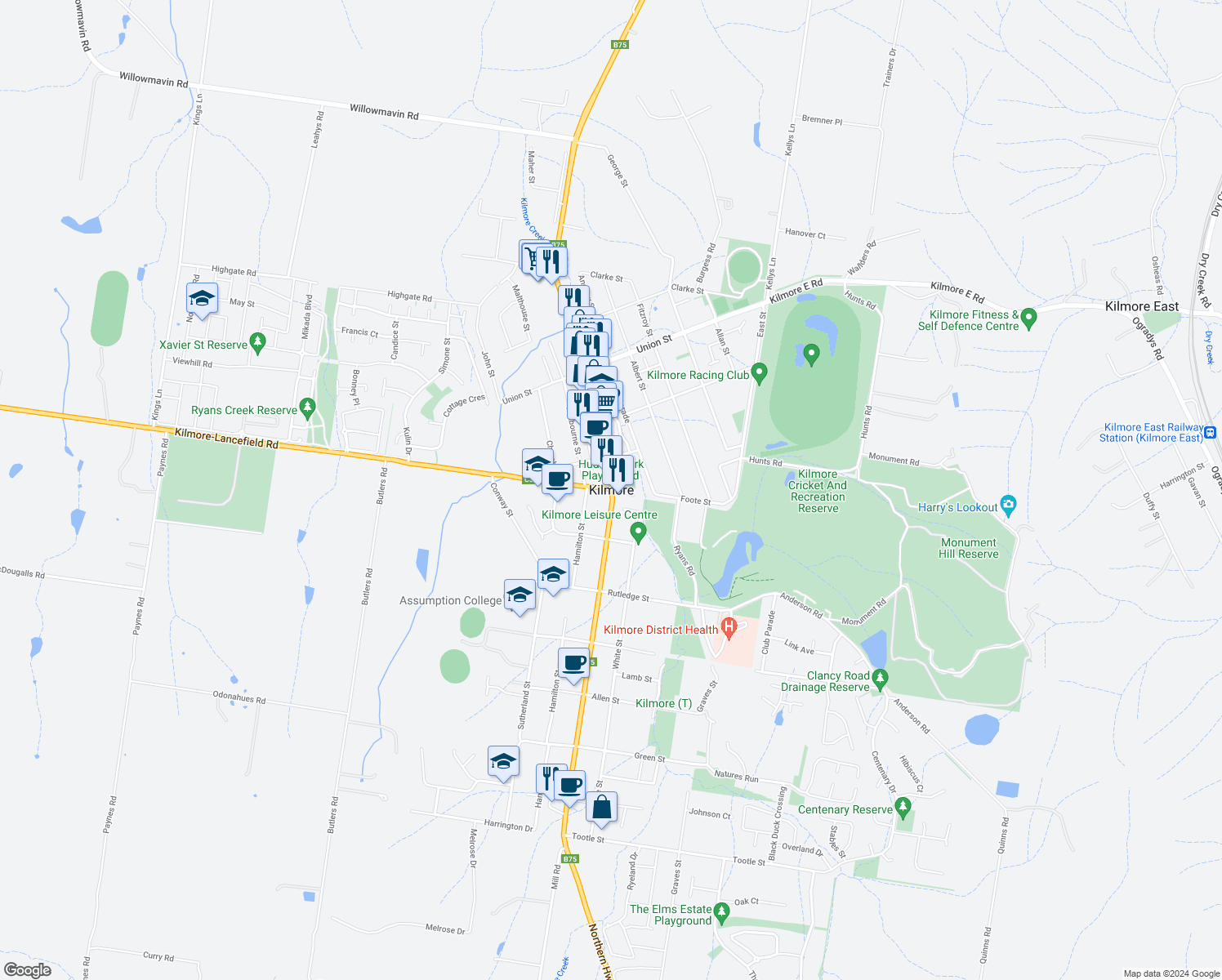 map of restaurants, bars, coffee shops, grocery stores, and more near in Kilmore