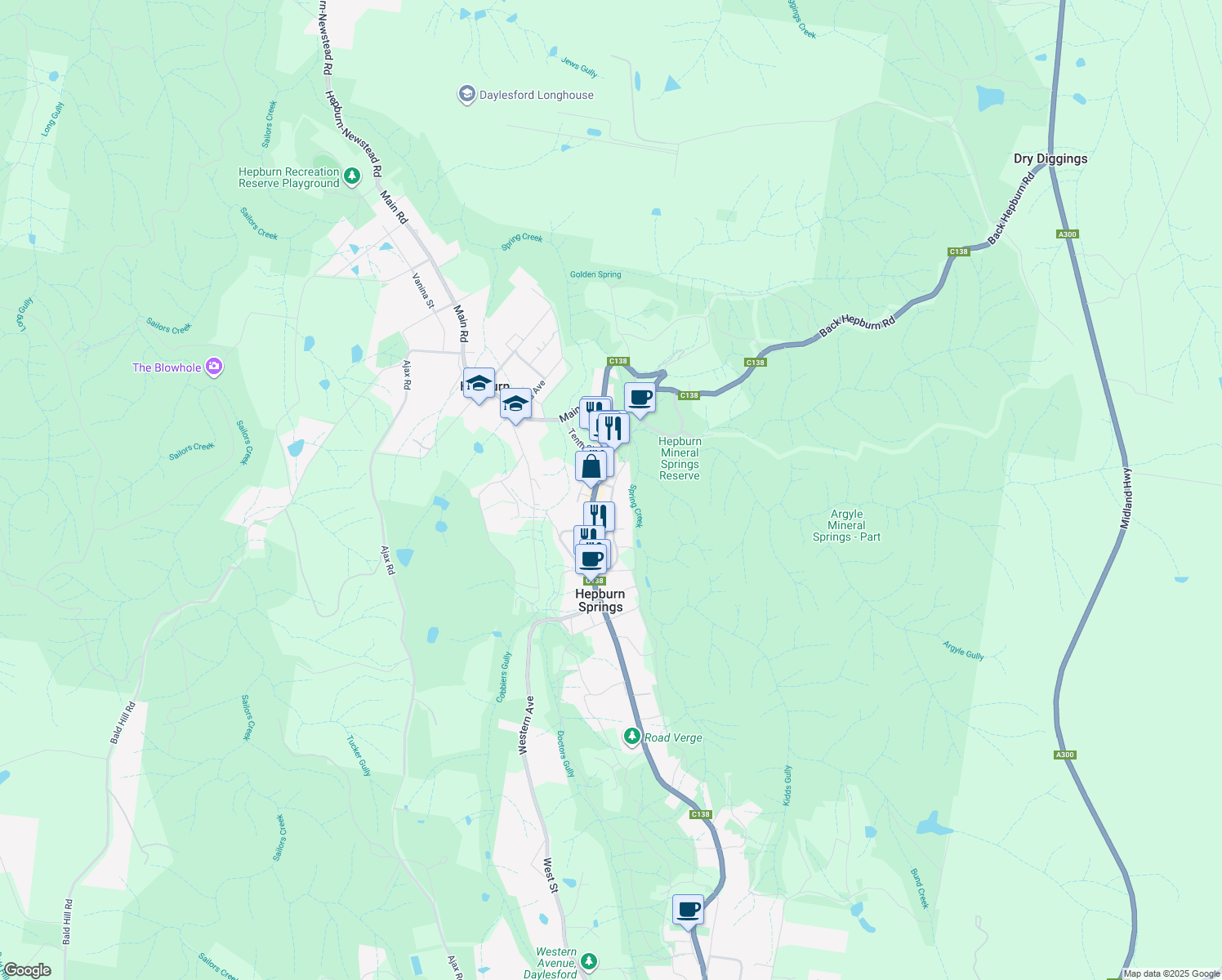 map of restaurants, bars, coffee shops, grocery stores, and more near 5 Ninth Street in Hepburn Springs