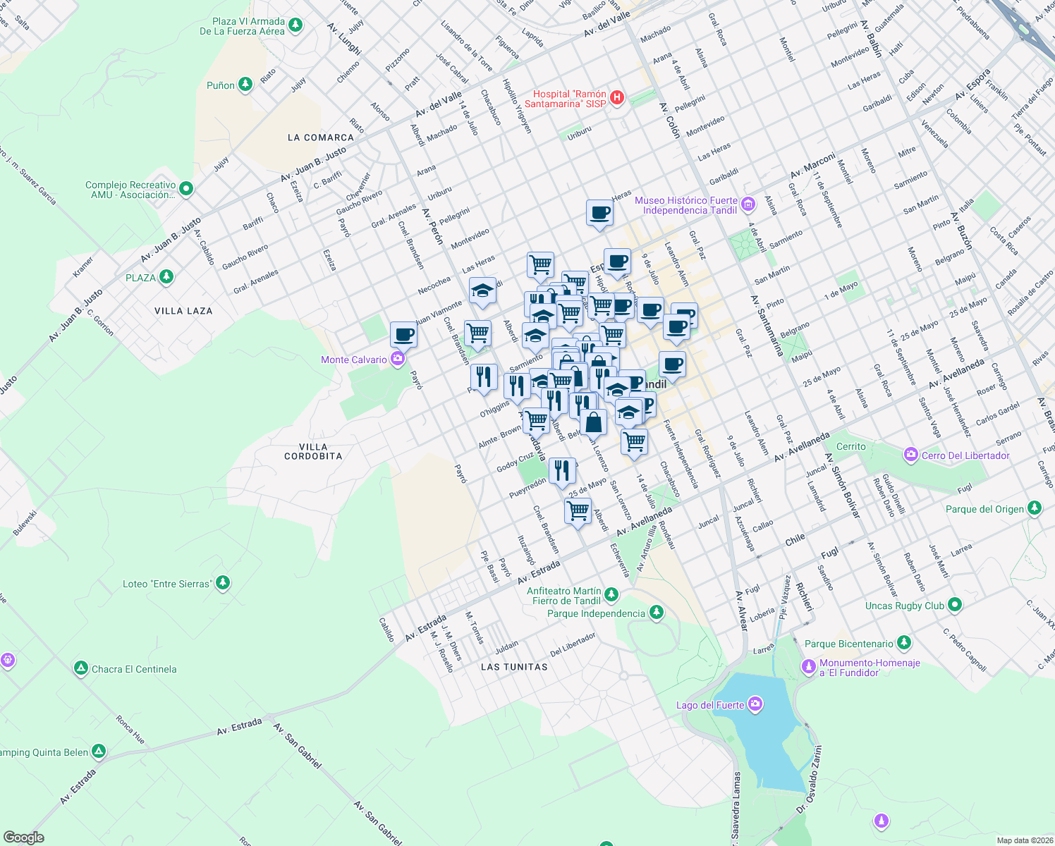 map of restaurants, bars, coffee shops, grocery stores, and more near 1 Pinto in Tandil
