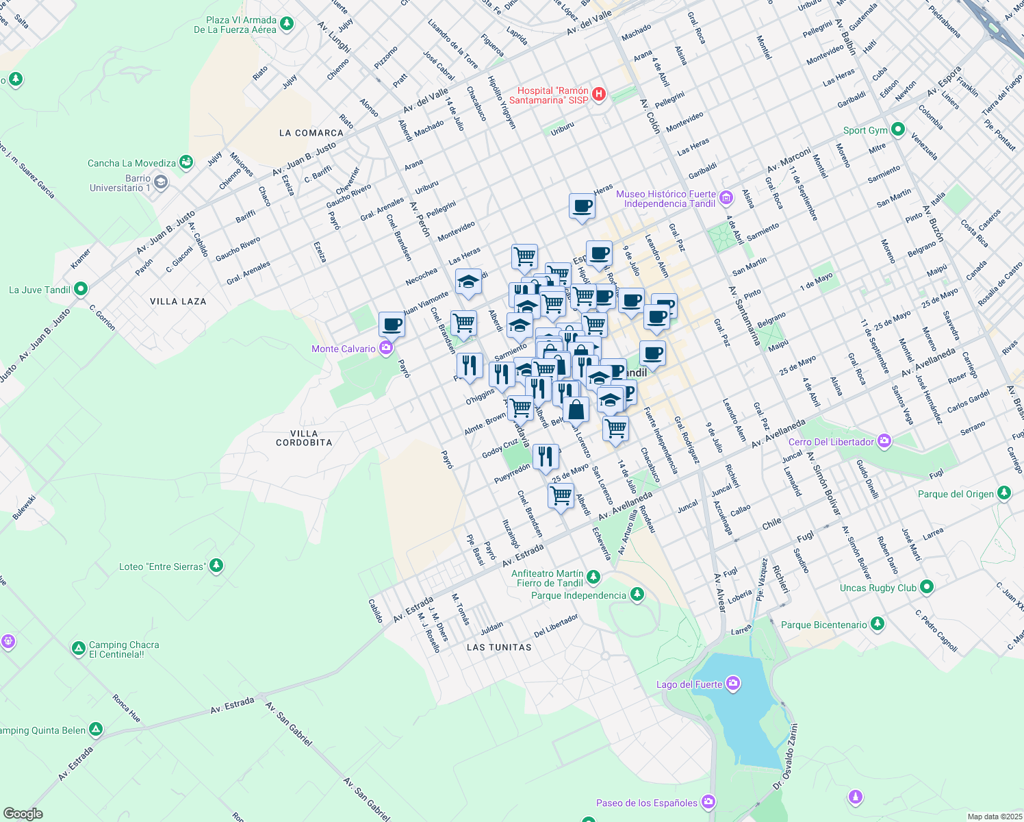 map of restaurants, bars, coffee shops, grocery stores, and more near 1 Pinto in Tandil