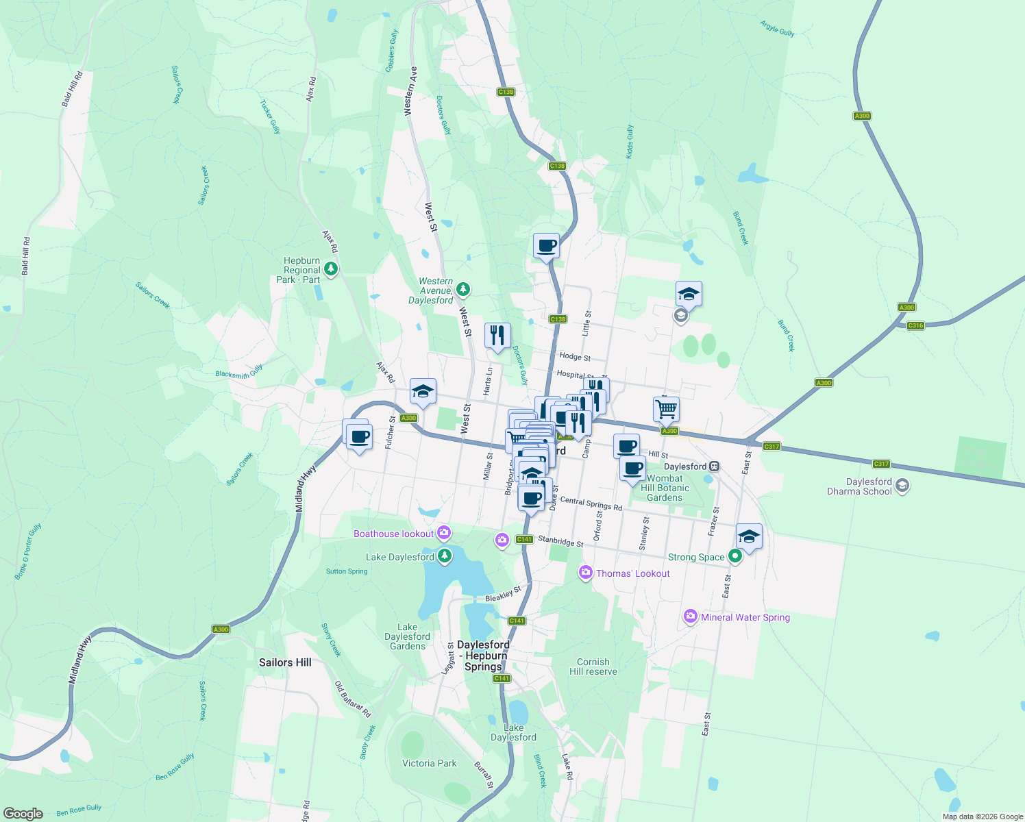 map of restaurants, bars, coffee shops, grocery stores, and more near 80 Raglan Street in Daylesford