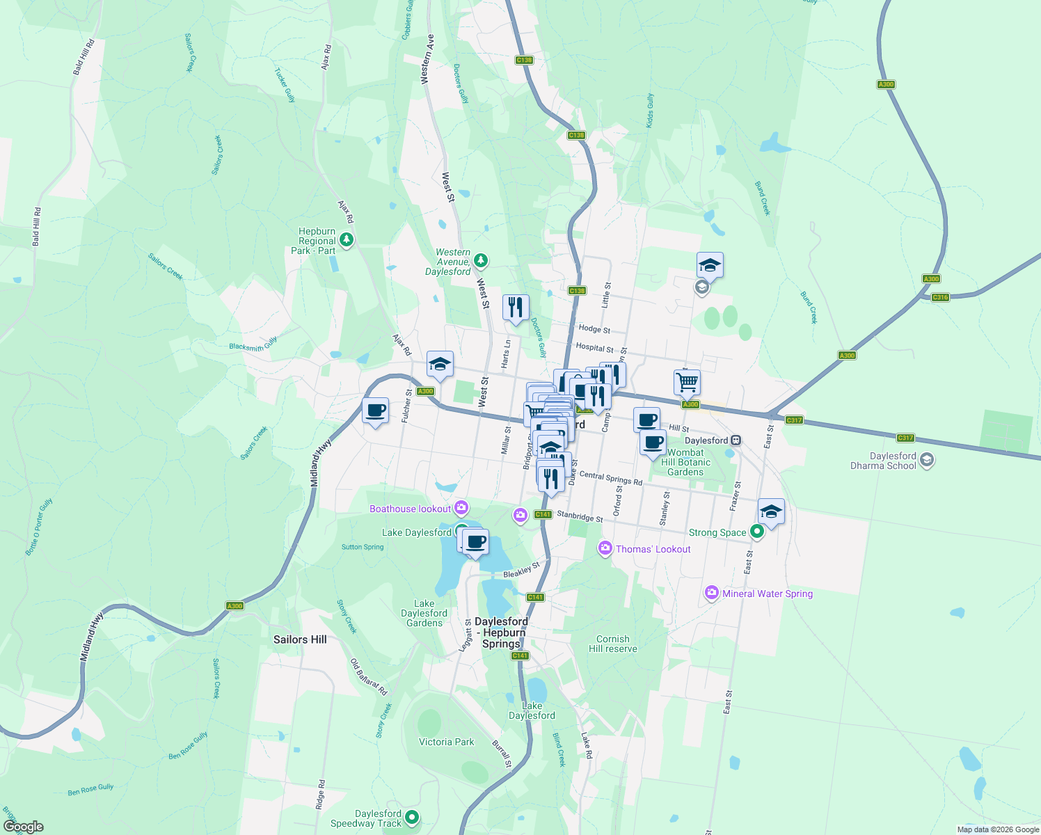 map of restaurants, bars, coffee shops, grocery stores, and more near 39 Albert Street in Daylesford