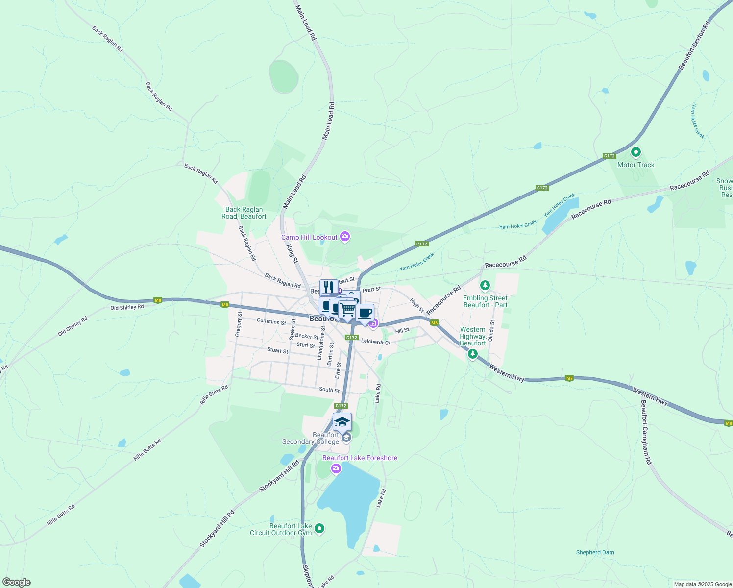 map of restaurants, bars, coffee shops, grocery stores, and more near 19 Pratt Street in Beaufort