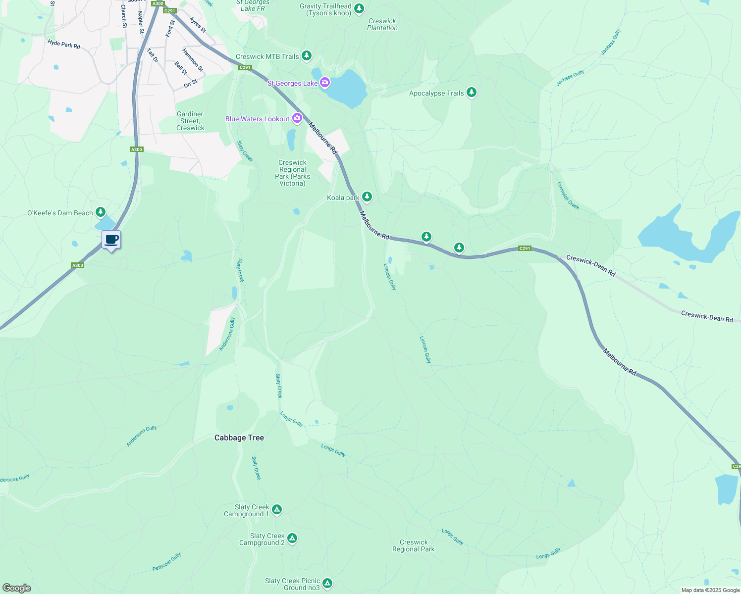 map of restaurants, bars, coffee shops, grocery stores, and more near Lincoln Gully Road in Creswick