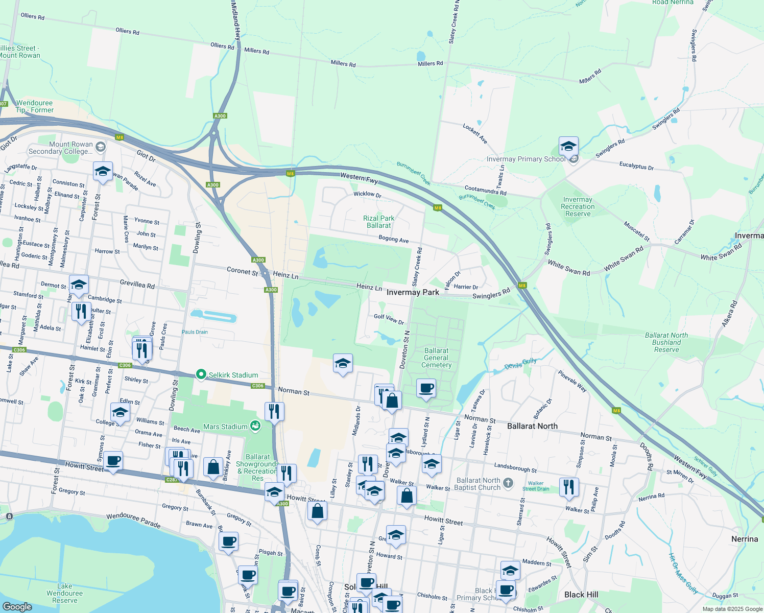 map of restaurants, bars, coffee shops, grocery stores, and more near 18 Lemuela Court in Invermay Park