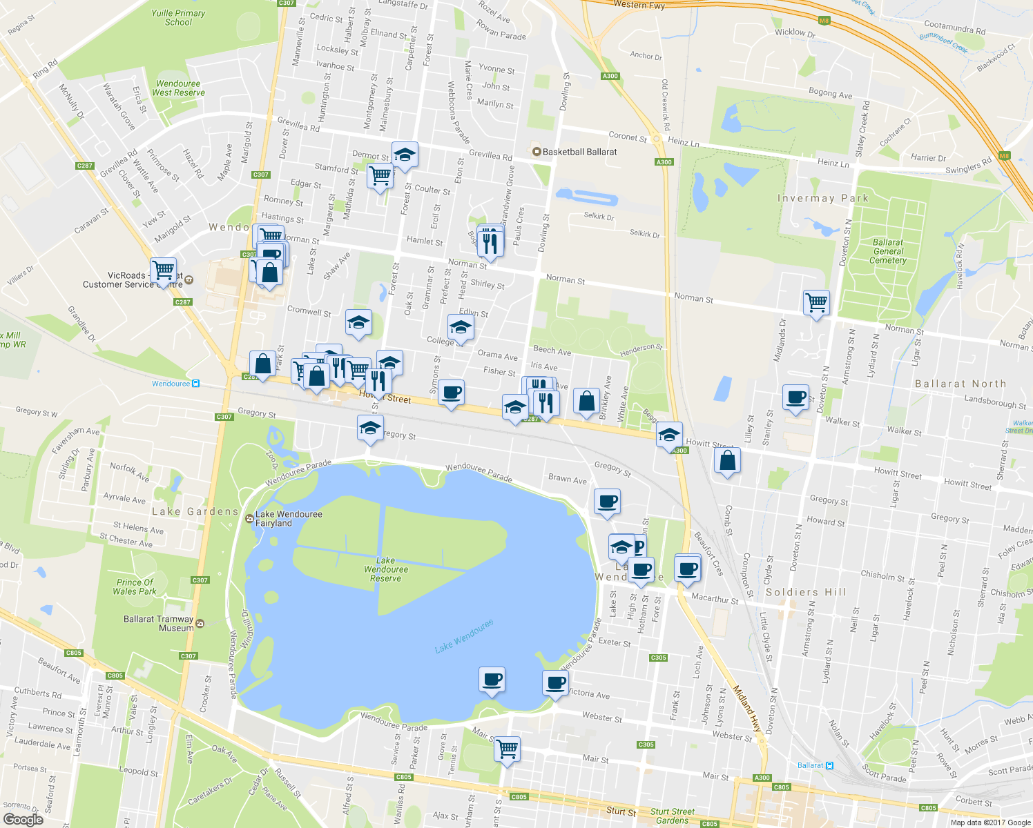 map of restaurants, bars, coffee shops, grocery stores, and more near Howitt Street in Wendouree