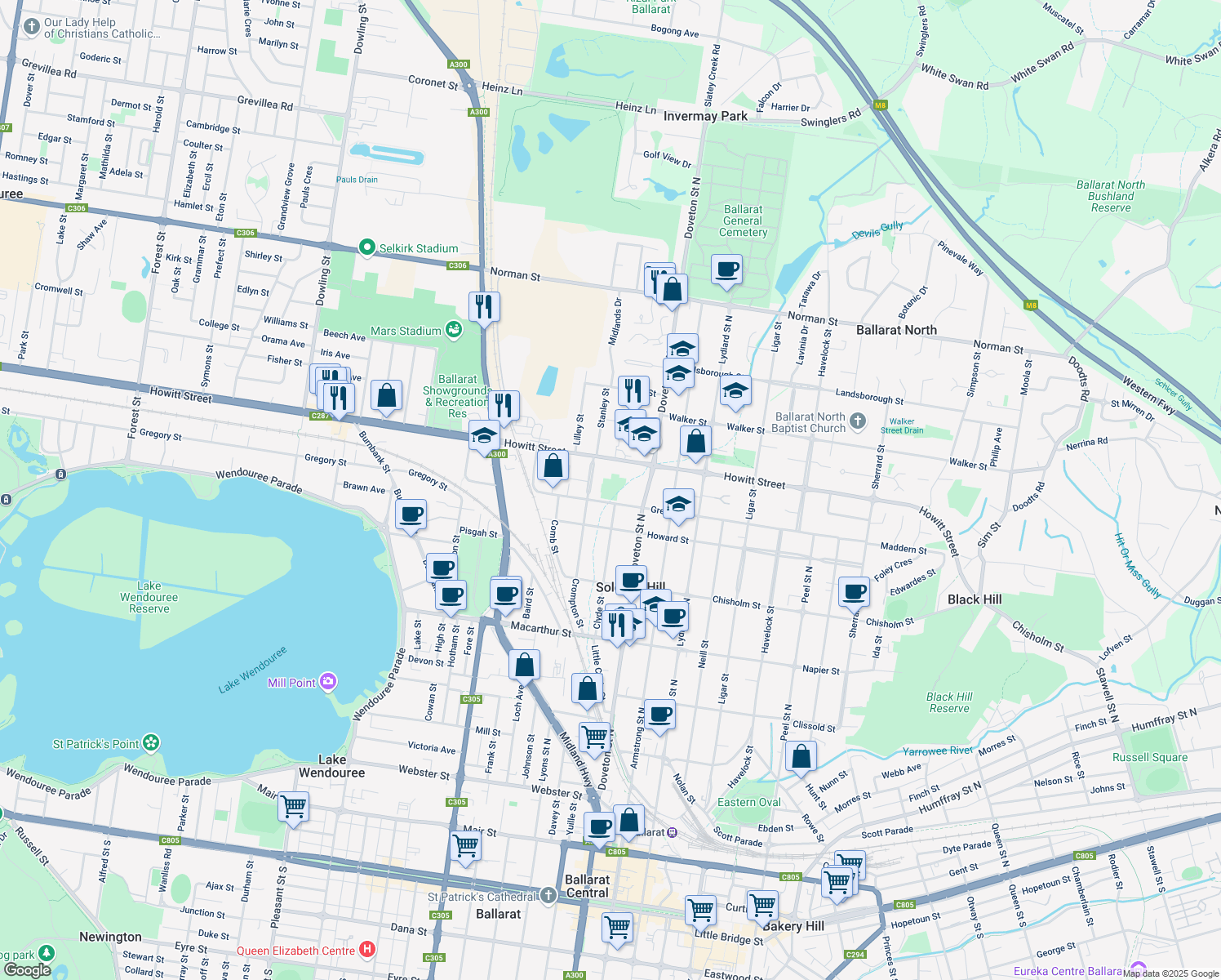map of restaurants, bars, coffee shops, grocery stores, and more near Gregory Street in Soldiers Hill